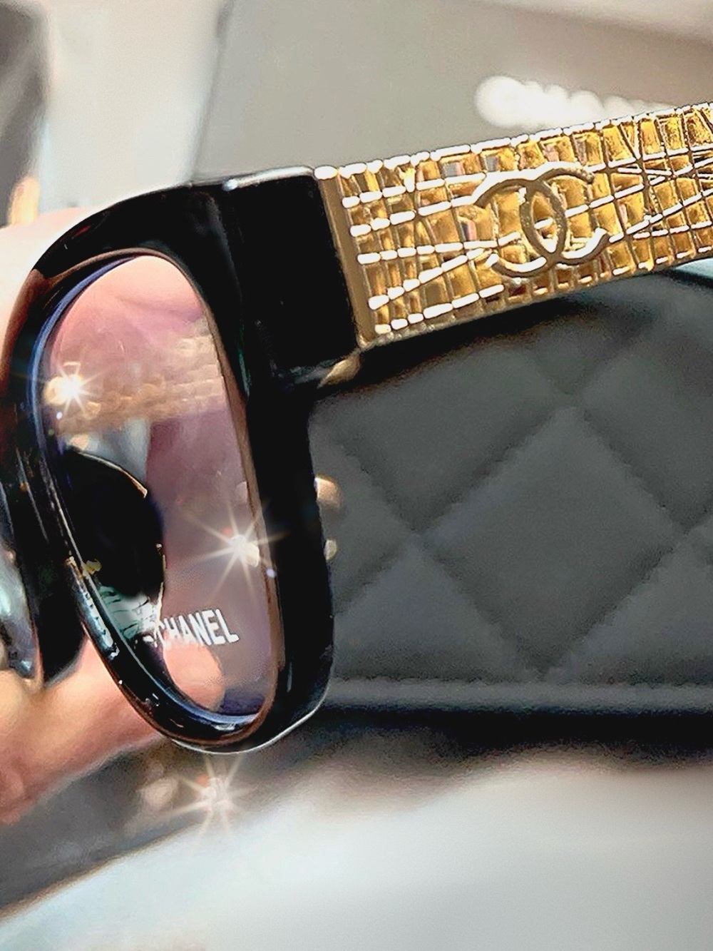 Blue light Protective CHANEL Black Frames with Gold Mesh Temple Sunglasses